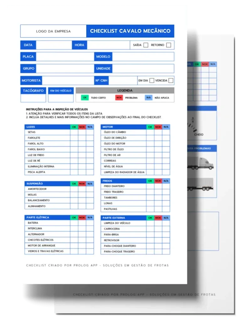 Páginas internas do modelo de checklist para Cavalo Mecânico