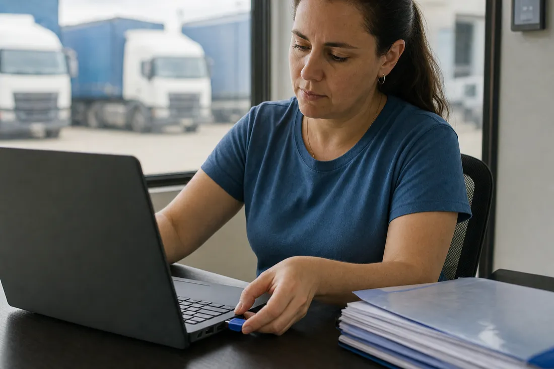 Analista administrativa de uma transportadora conecta um token no notebook, com o pátio de caminhões visível pela janela