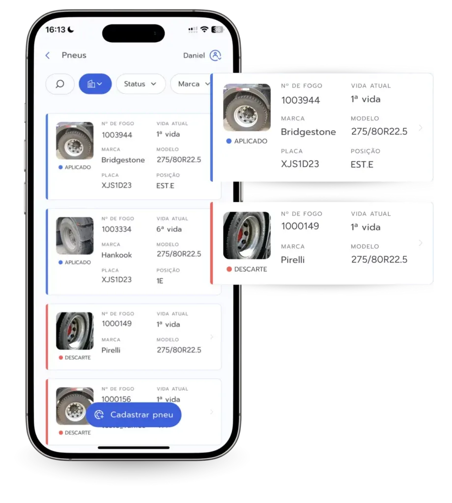 Cadastro e status dos pneus e veículos na plataforma Prolog