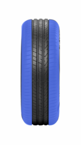 Exemplo de pneu com desgastes nos ombros, uma "mancha azul" cobre ambas as laterais do pneu para representar este tipo de desgaste