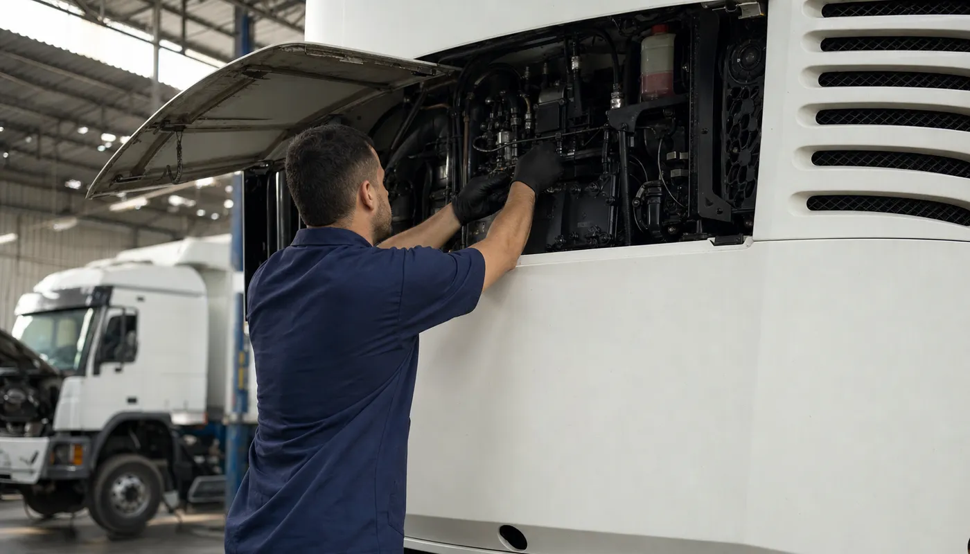 Mecânico de uniforme azul-marinho faz manutenção no equipamento de refrigeração de uma carreta frigorífica branca na oficina